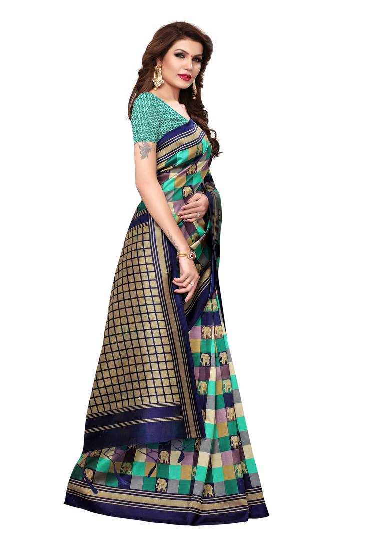 Green Printed Art Silk Saree With Blouse