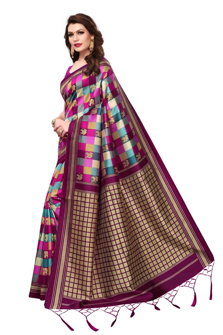 Pink Printed Art Silk Saree With Blouse