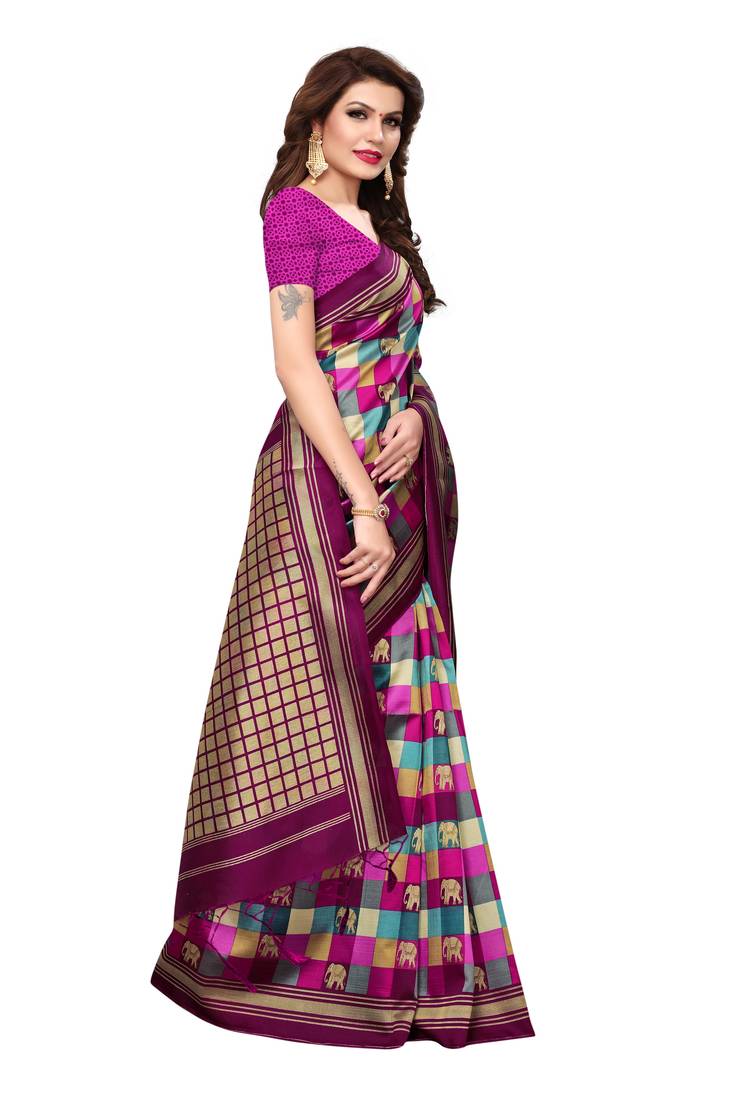 Pink Printed Art Silk Saree With Blouse