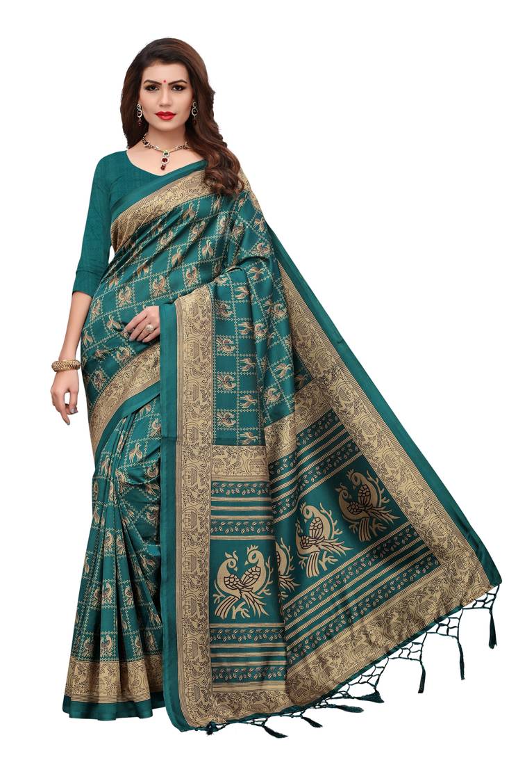 Green Printed Art Silk Saree With Blouse
