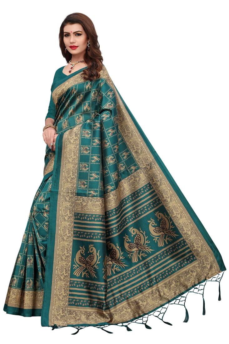 Green Printed Art Silk Saree With Blouse