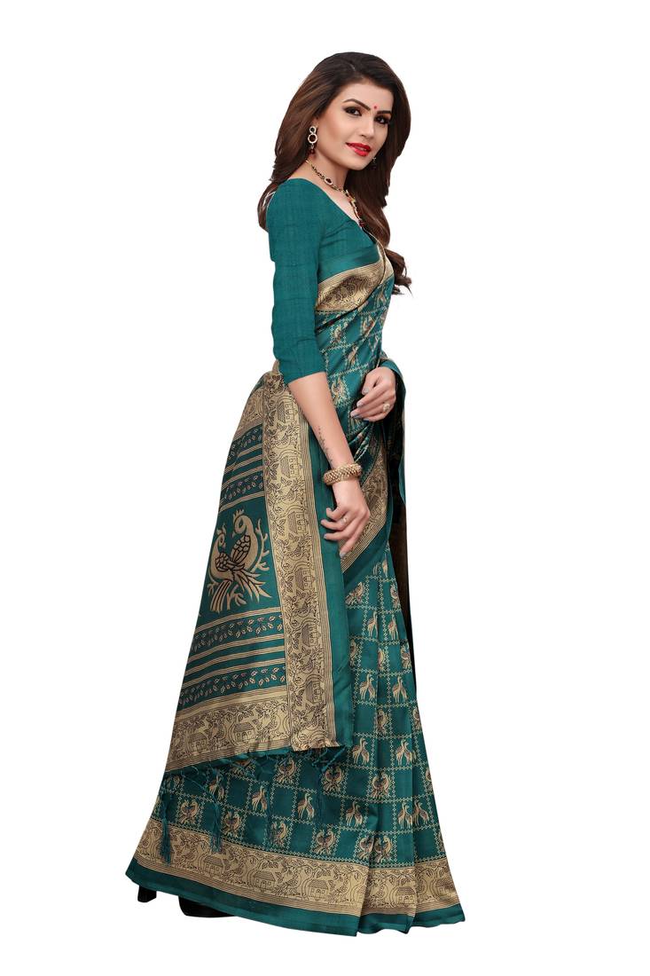 Green Printed Art Silk Saree With Blouse