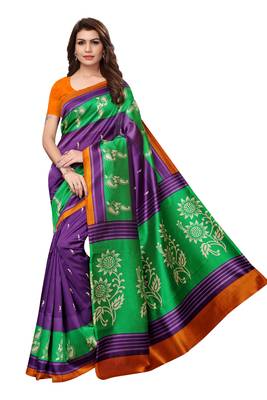 Blue Printed Art Silk Saree With Blouse 1