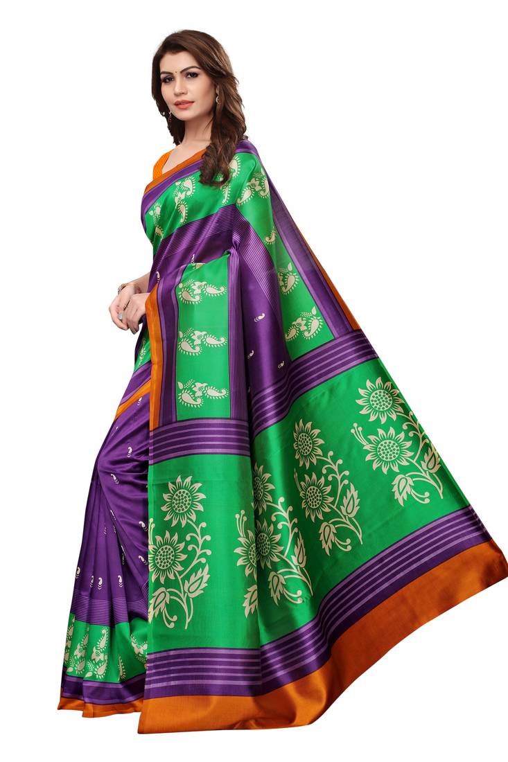 Blue Printed Art Silk Saree With Blouse