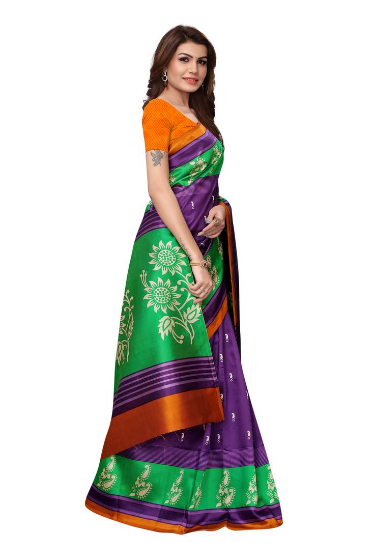 Blue Printed Art Silk Saree With Blouse