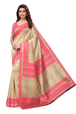 Cream Printed Art Silk Saree With Blouse 1