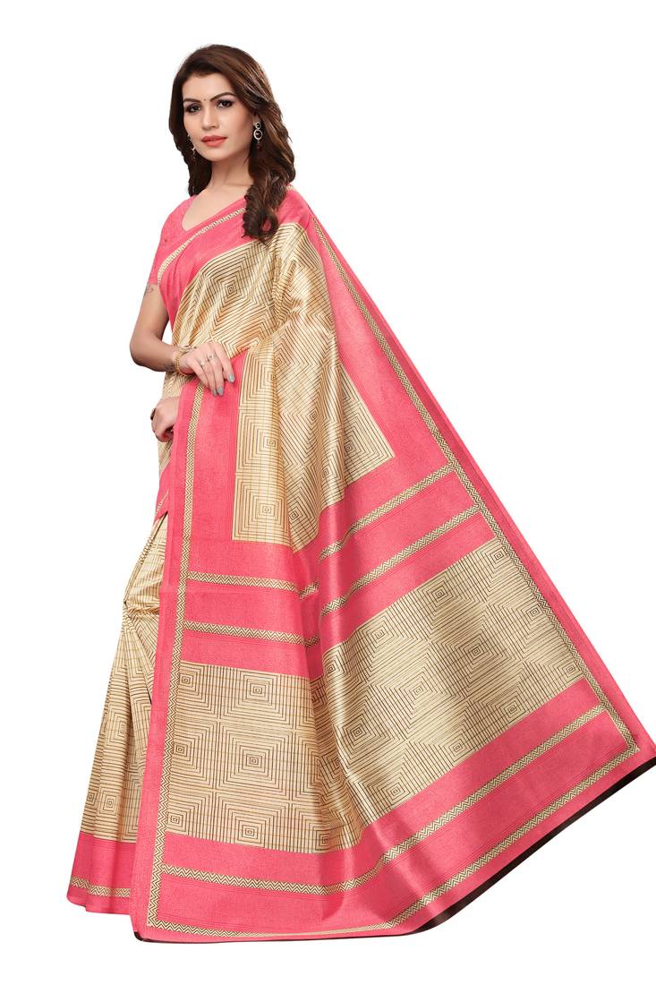 Cream Printed Art Silk Saree With Blouse