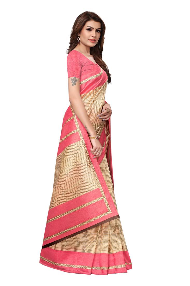 Cream Printed Art Silk Saree With Blouse