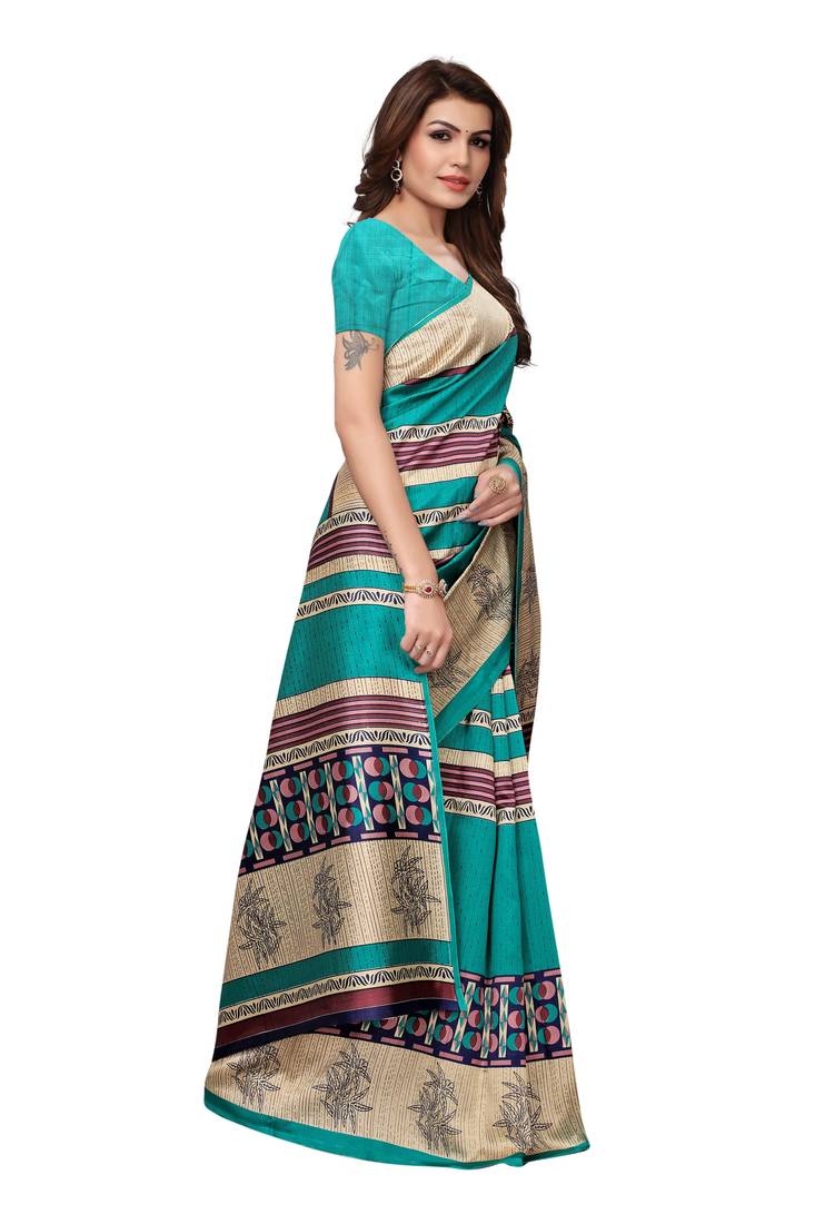 Green Printed Art Silk Saree With Blouse