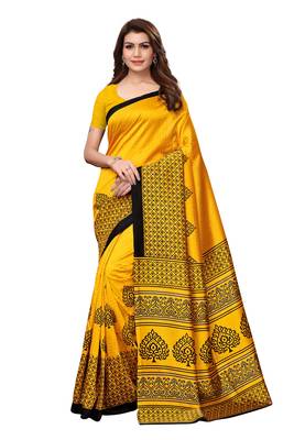 Yellow Printed Art Silk Saree With Blouse 1