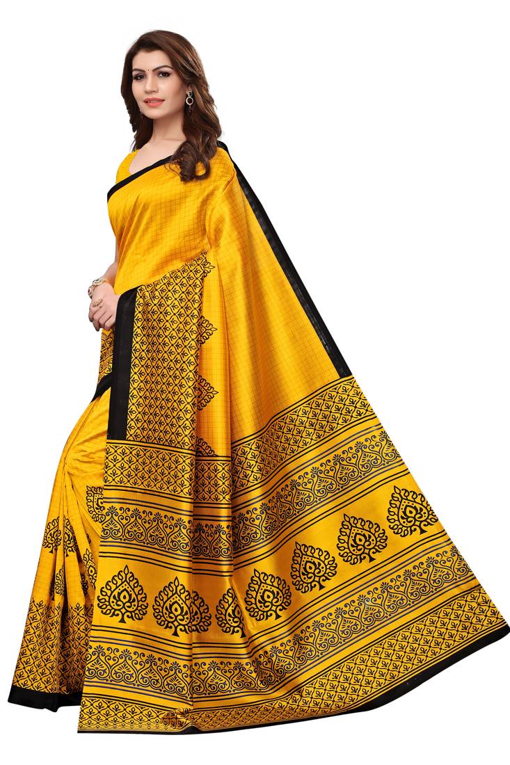 Yellow Printed Art Silk Saree With Blouse
