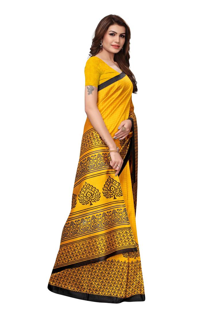 Yellow Printed Art Silk Saree With Blouse