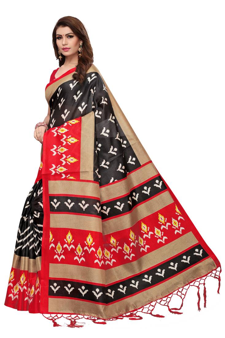 Black Printed Art Silk Saree With Blouse