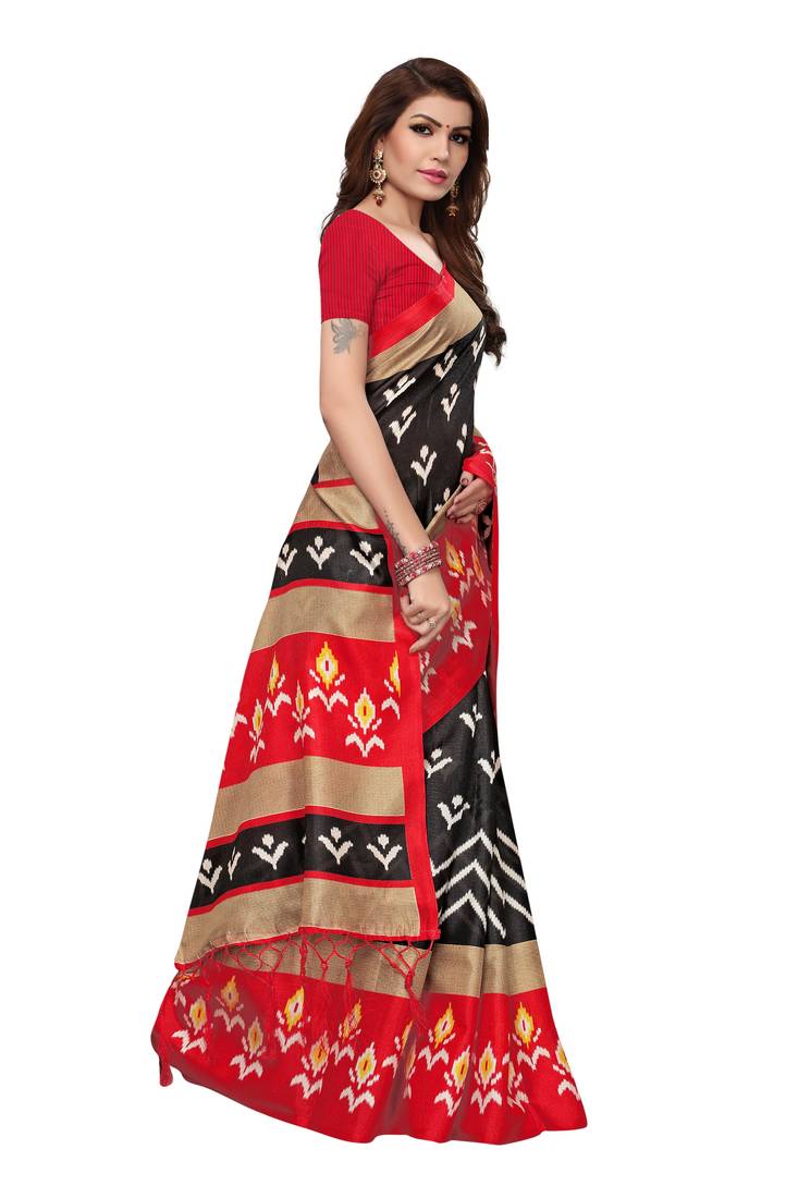Black Printed Art Silk Saree With Blouse