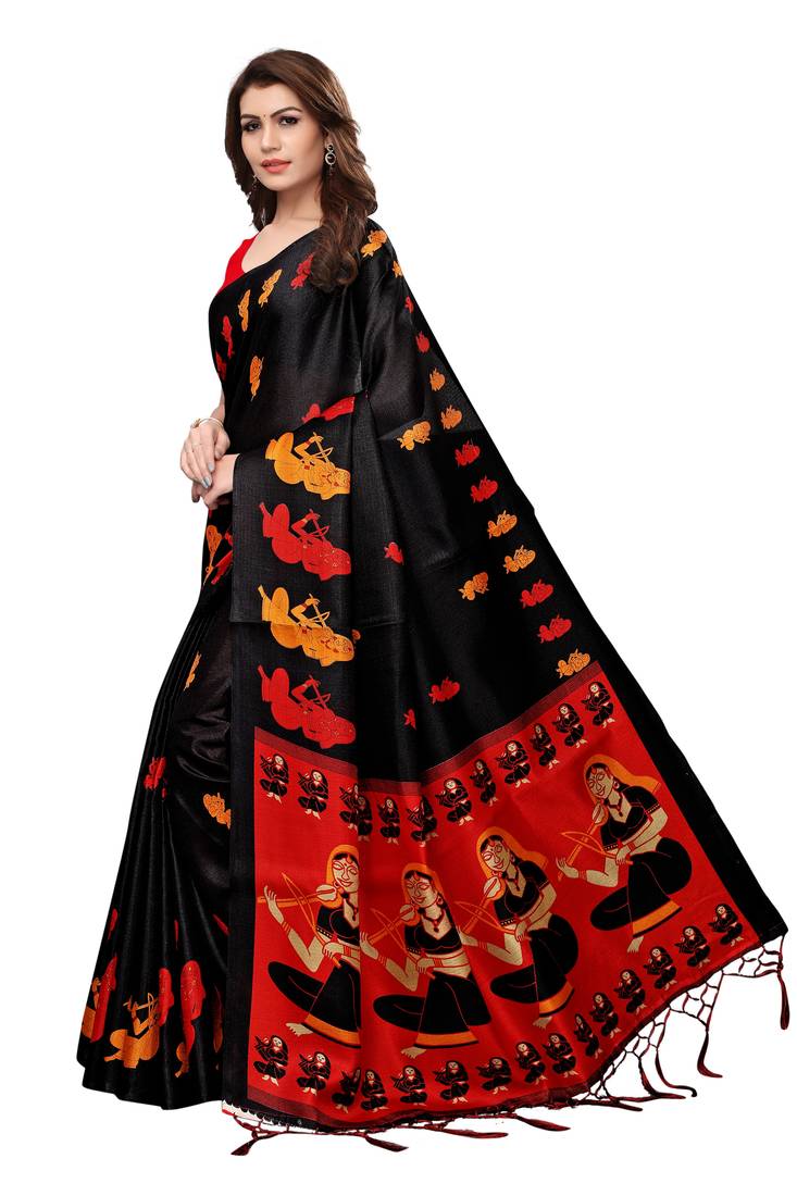 Black Printed Art Silk Saree With Blouse