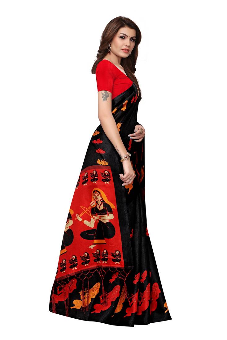 Black Printed Art Silk Saree With Blouse