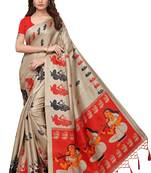 Cream Printed Art Silk Saree With Blouse