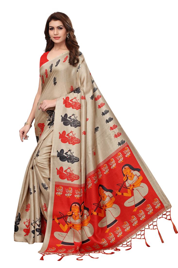 Cream Printed Art Silk Saree With Blouse