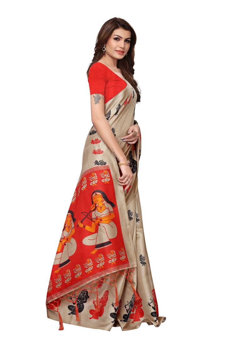 Cream Printed Art Silk Saree With Blouse