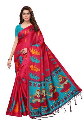 Red Printed Art Silk Saree With Blouse 1