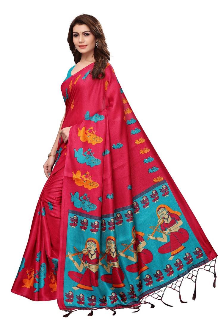 Red Printed Art Silk Saree With Blouse