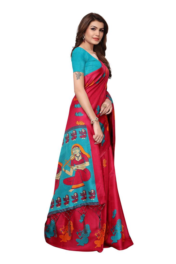 Red Printed Art Silk Saree With Blouse