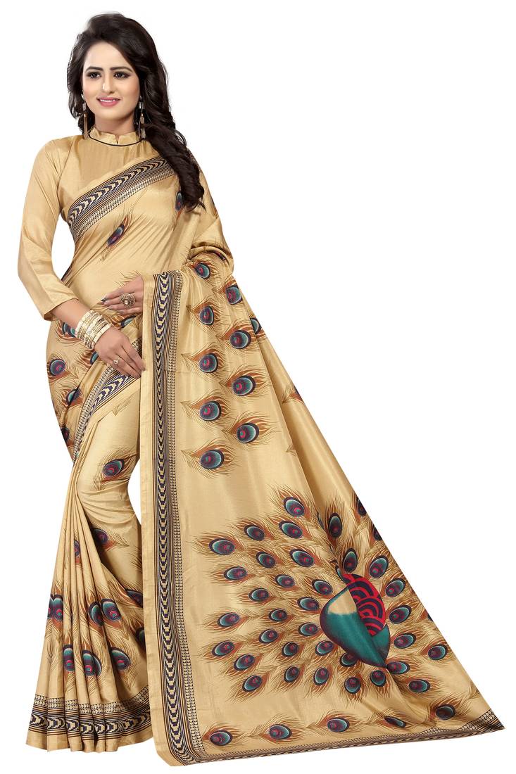 multicolor printed art silk saree with blouse