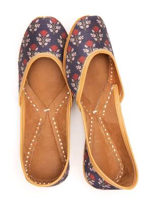 Women's Red Poppies on Indigo Blue genuine Leather Juttis 1