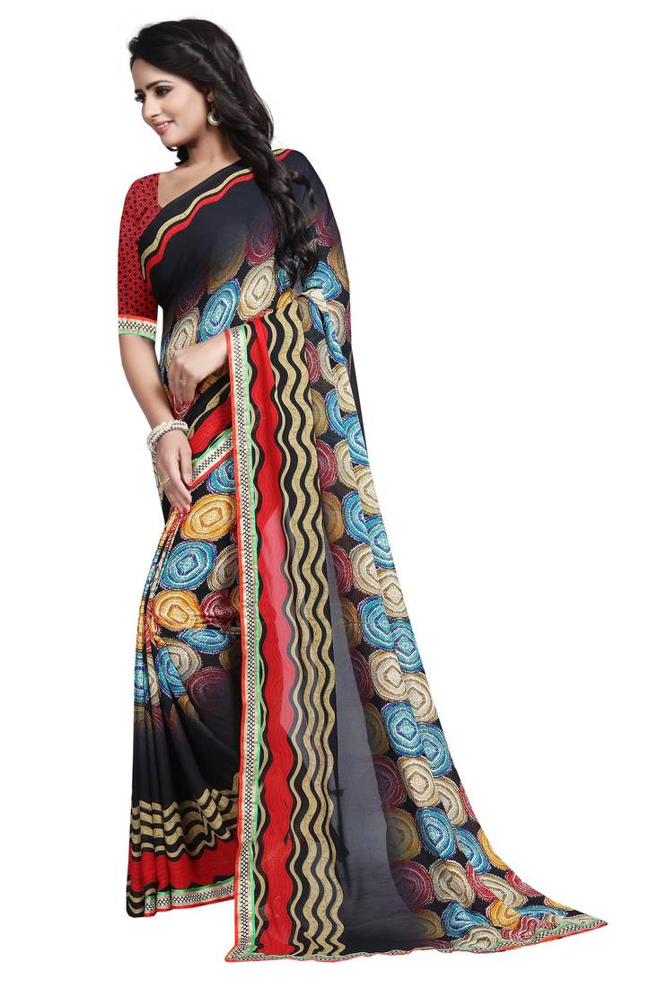 Multicolor Printed Georgette Saree With Blouse
