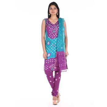 Purple and Green Cotton Unstitched Bandhej Dress Material 1