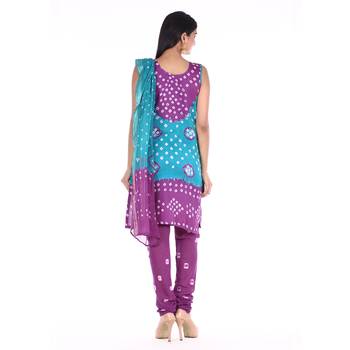 Purple and Green Cotton Unstitched Bandhej Dress Material 2