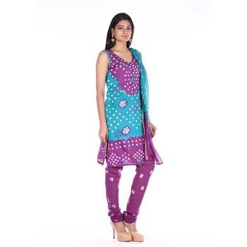 Purple and Green Cotton Unstitched Bandhej Dress Material 3