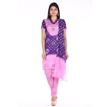 Pink and Purple Cotton Unstitched Bandhej Dress Material 1