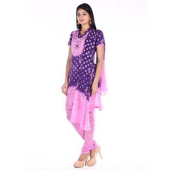 Pink and Purple Cotton Unstitched Bandhej Dress Material 3