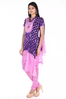 Pink and Purple Cotton Unstitched Bandhej Dress Material