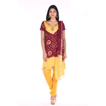 Yellow and Maroon Cotton Unstitched Bandhej Dress Material 1