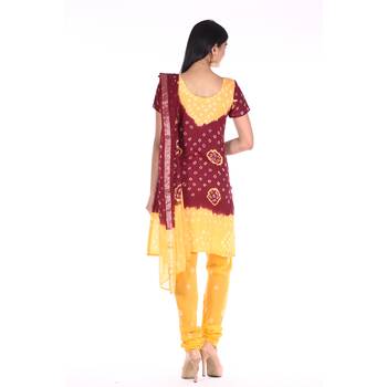 Yellow and Maroon Cotton Unstitched Bandhej Dress Material 2