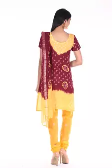 Yellow and Maroon Cotton Unstitched Bandhej Dress Material