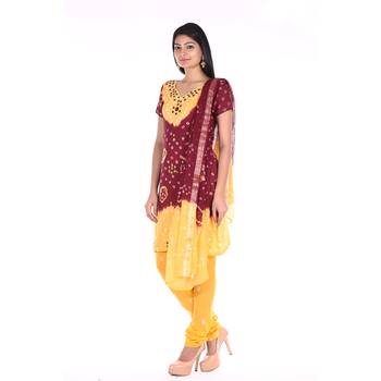 Yellow and Maroon Cotton Unstitched Bandhej Dress Material 3