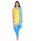 Yellow and Blue Cotton Unstitched Bandhej Dress Material