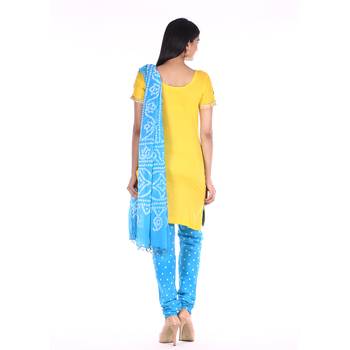 Yellow and Blue Cotton Unstitched Bandhej Dress Material 2