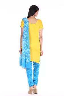Yellow and Blue Cotton Unstitched Bandhej Dress Material