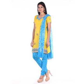 Yellow and Blue Cotton Unstitched Bandhej Dress Material 3