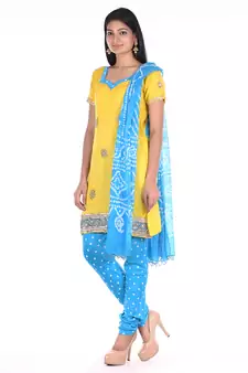 Yellow and Blue Cotton Unstitched Bandhej Dress Material