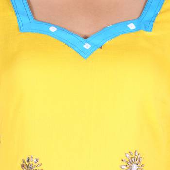 Yellow and Blue Cotton Unstitched Bandhej Dress Material 4