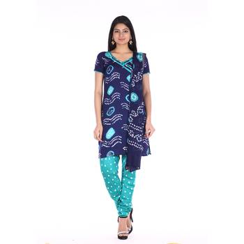 Navy Blue and Green Cotton Unstitched Bandhej Dress Material 1