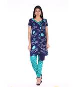 Navy Blue and Green Cotton Unstitched Bandhej Dress Material