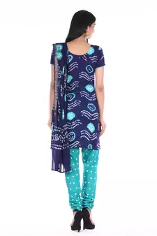 Navy Blue and Green Cotton Unstitched Bandhej Dress Material