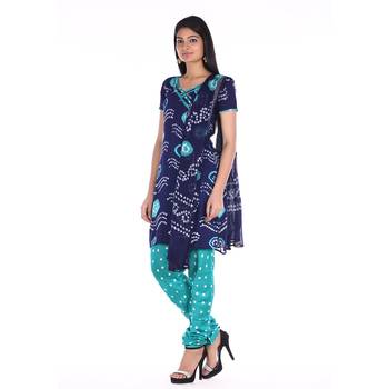 Navy Blue and Green Cotton Unstitched Bandhej Dress Material 3