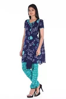 Navy Blue and Green Cotton Unstitched Bandhej Dress Material